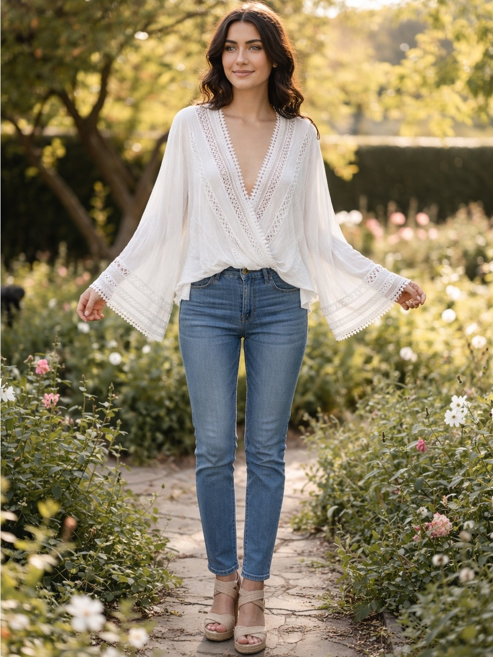 ANDTHEWHY White Crochet Lace Wrap Blouse Boho Crossover Gauze Bell Sleeve Top L